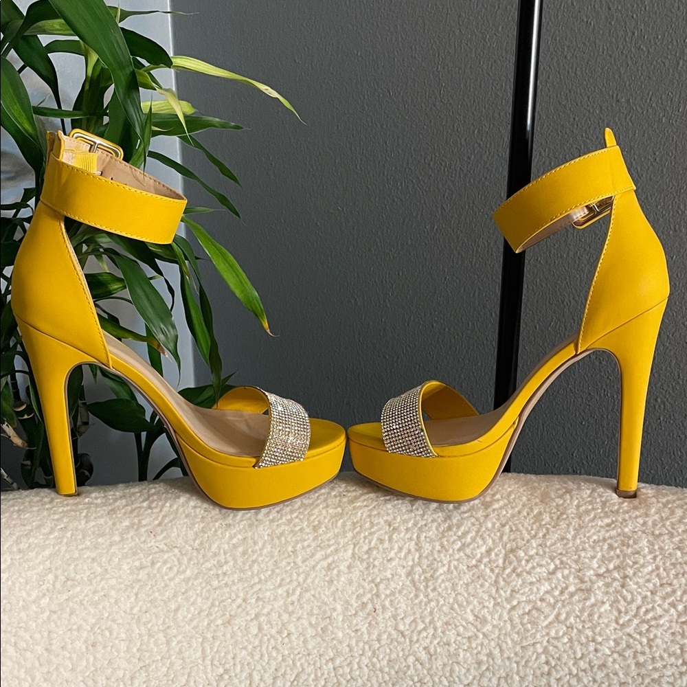 Speed Limit 98 Yellow Heels with Rhinestone Accent